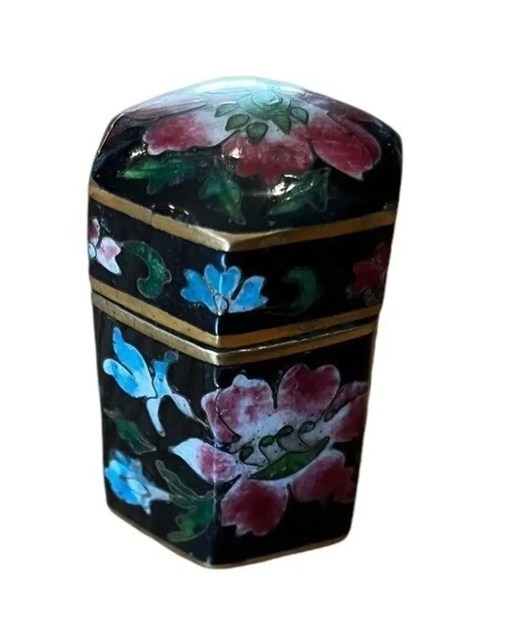 Chinese Cloisonné enamel box 19th century Hexagonal 1.75” High Floral